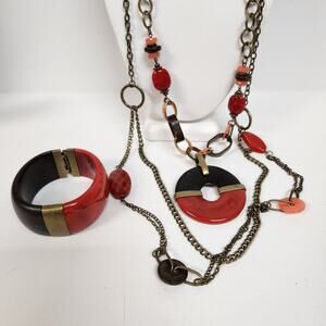 Lot of 2 Premier Designs Piper necklace and clamp bracelet Red Brown bronze set